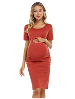 Coolmee Maternity Dress Ruched Round Neck Maternity Dresses