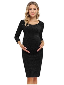 Coolmee Maternity Dress Ruched Round Neck Maternity Dresses