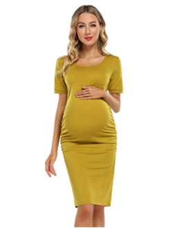 Coolmee Maternity Dress Ruched Round Neck Maternity Dresses