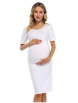 Coolmee Maternity Dress Ruched Round Neck Maternity Dresses