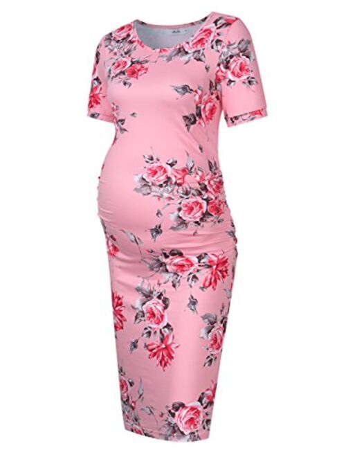 Coolmee Maternity Dress Ruched Round Neck Maternity Dresses