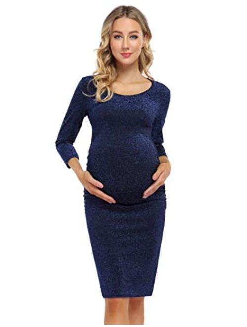 Coolmee Maternity Dress Ruched Round Neck Maternity Dresses