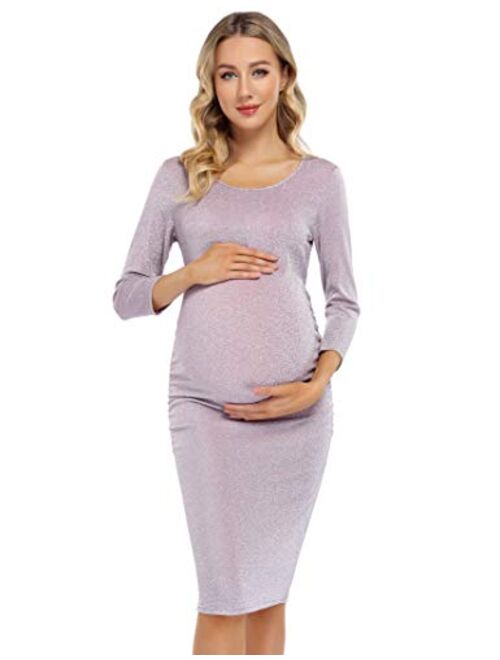 Coolmee Maternity Dress Ruched Round Neck Maternity Dresses