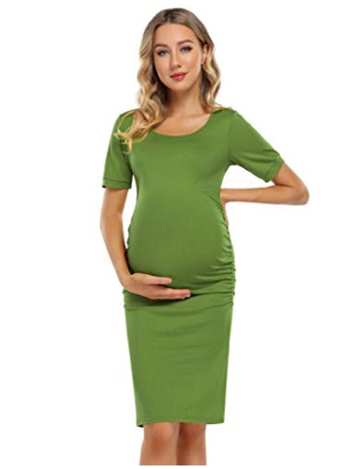 Coolmee Maternity Dress Ruched Round Neck Maternity Dresses