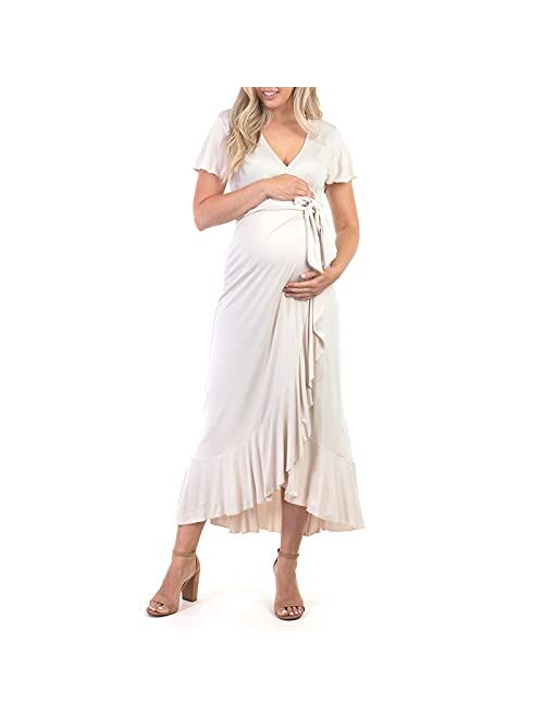 Mother Bee Maternity Maternity Short Sleeve Dress with Belt for Baby Shower or Casual Wear