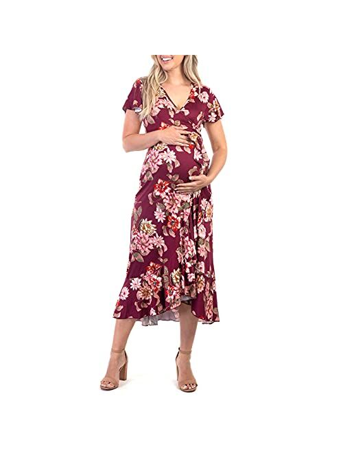 Mother Bee Maternity Maternity Short Sleeve Dress with Belt for Baby Shower or Casual Wear