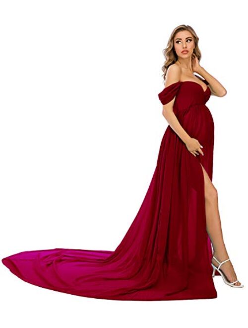 ZIUMUDY Maternity Dress for Photoshoot Photography Split Chiffon Maternity Gown Long Train Maternity Dresses