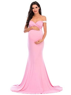 ZIUMUDY Maternity Fitted Off Shoulder Photography Gown Lace Maxi Dress for Photo Shoot Baby Shower