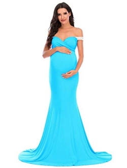 ZIUMUDY Maternity Fitted Off Shoulder Photography Gown Lace Maxi Dress for Photo Shoot Baby Shower