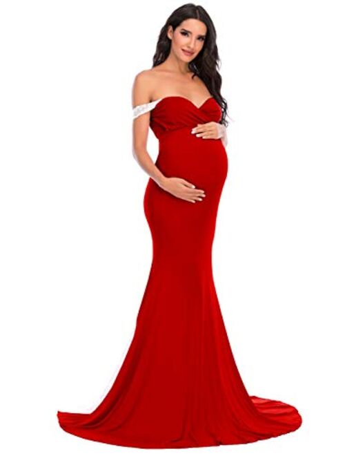 ZIUMUDY Maternity Fitted Off Shoulder Photography Gown Lace Maxi Dress for Photo Shoot Baby Shower