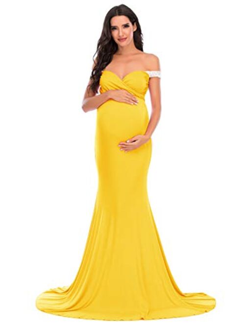 ZIUMUDY Maternity Fitted Off Shoulder Photography Gown Lace Maxi Dress for Photo Shoot Baby Shower