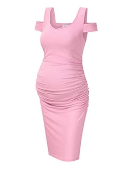 Coolmee Maternity Dress Women's Casual V Neck Sleeveless Solid Color Ruched Knee-Length Maternity Dresses