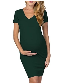 Coolmee Maternity Dress Women's Casual V Neck Sleeveless Solid Color Ruched Knee-Length Maternity Dresses