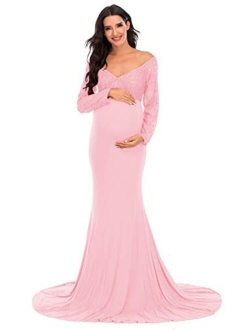 ZIUMUDY Elegant Maternity Lace Fitted Gown Cross-Front Long Sleeve V Neck Photography Dress for Baby Shower