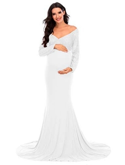 ZIUMUDY Elegant Maternity Lace Fitted Gown Cross-Front Long Sleeve V Neck Photography Dress for Baby Shower