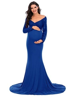 ZIUMUDY Elegant Maternity Lace Fitted Gown Cross-Front Long Sleeve V Neck Photography Dress for Baby Shower