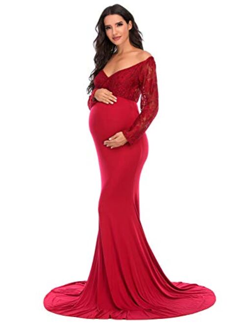 ZIUMUDY Elegant Maternity Lace Fitted Gown Cross-Front Long Sleeve V Neck Photography Dress for Baby Shower