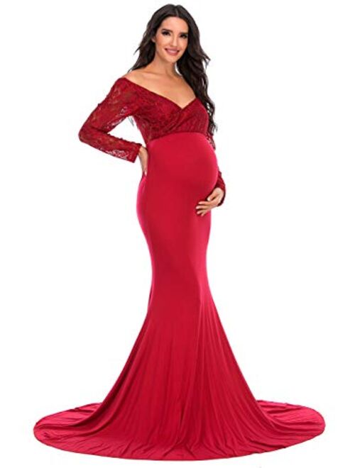 ZIUMUDY Elegant Maternity Lace Fitted Gown Cross-Front Long Sleeve V Neck Photography Dress for Baby Shower