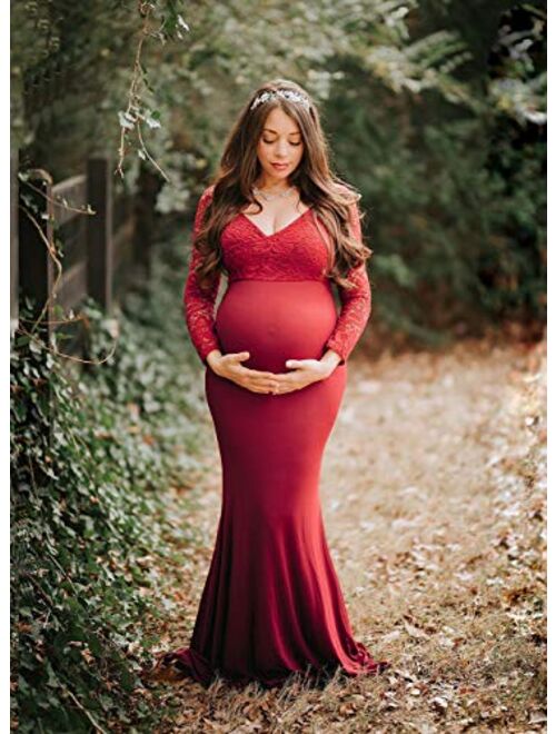 ZIUMUDY Elegant Maternity Lace Fitted Gown Cross-Front Long Sleeve V Neck Photography Dress for Baby Shower