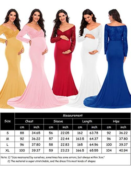 ZIUMUDY Elegant Maternity Lace Fitted Gown Cross-Front Long Sleeve V Neck Photography Dress for Baby Shower