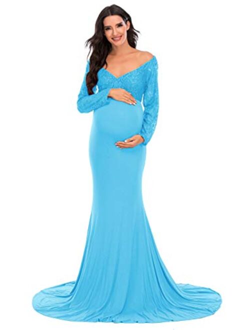 ZIUMUDY Elegant Maternity Lace Fitted Gown Cross-Front Long Sleeve V Neck Photography Dress for Baby Shower