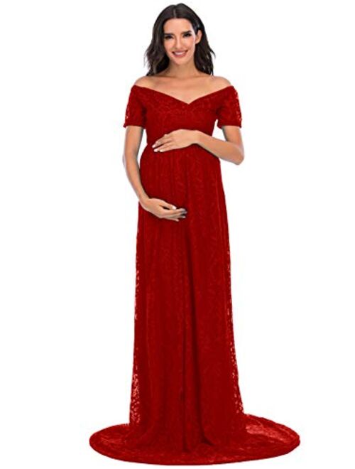 ZIUMUDY Off Shoulder Lace Floral Maternity Gown for Photography Maxi Short Sleeve Baby Shower Bridesmaid Dress