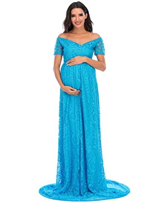 ZIUMUDY Off Shoulder Lace Floral Maternity Gown for Photography Maxi Short Sleeve Baby Shower Bridesmaid Dress