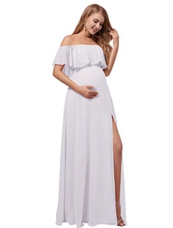 Womens Ruffle Off-Shoulder Side Slit Long Chiffon Pregnancy Party Dress Maternity Photography Dresses 0968-YF