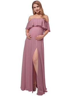Womens Ruffle Off-Shoulder Side Slit Long Chiffon Pregnancy Party Dress Maternity Photography Dresses 0968-YF