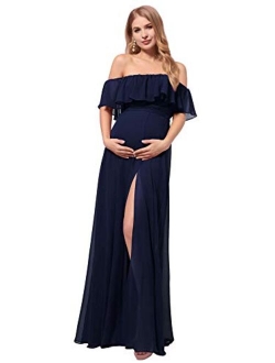 Womens Ruffle Off-Shoulder Side Slit Long Chiffon Pregnancy Party Dress Maternity Photography Dresses 0968-YF