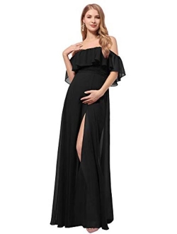 Womens Ruffle Off-Shoulder Side Slit Long Chiffon Pregnancy Party Dress Maternity Photography Dresses 0968-YF