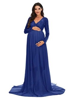 ZIUMUDY Maternity V Neck Chiffon Photography Gown Long Sleeve Lace Stitching Maxi Dress for Baby Shower