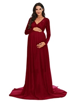 ZIUMUDY Maternity V Neck Chiffon Photography Gown Long Sleeve Lace Stitching Maxi Dress for Baby Shower