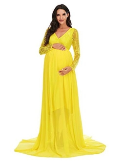 ZIUMUDY Maternity V Neck Chiffon Photography Gown Long Sleeve Lace Stitching Maxi Dress for Baby Shower