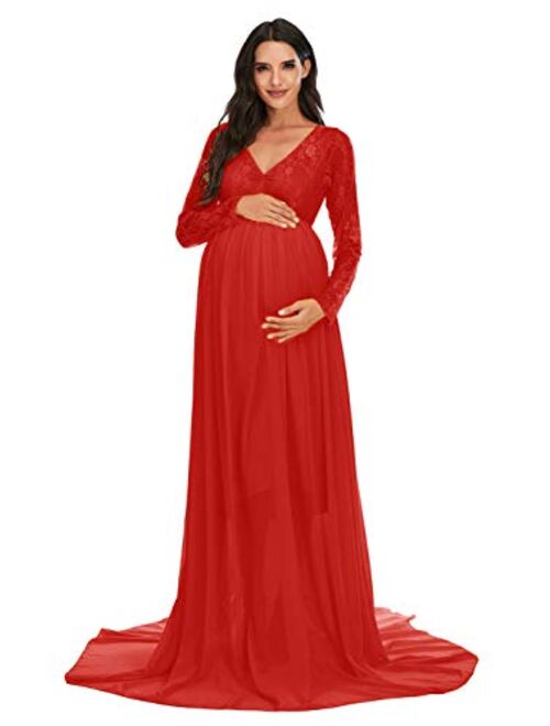 ZIUMUDY Maternity V Neck Chiffon Photography Gown Long Sleeve Lace Stitching Maxi Dress for Baby Shower