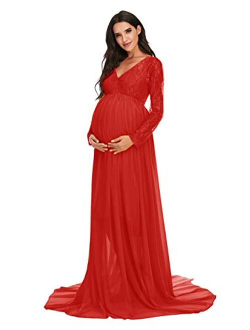 ZIUMUDY Maternity V Neck Chiffon Photography Gown Long Sleeve Lace Stitching Maxi Dress for Baby Shower