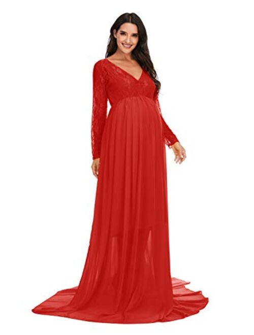 ZIUMUDY Maternity V Neck Chiffon Photography Gown Long Sleeve Lace Stitching Maxi Dress for Baby Shower