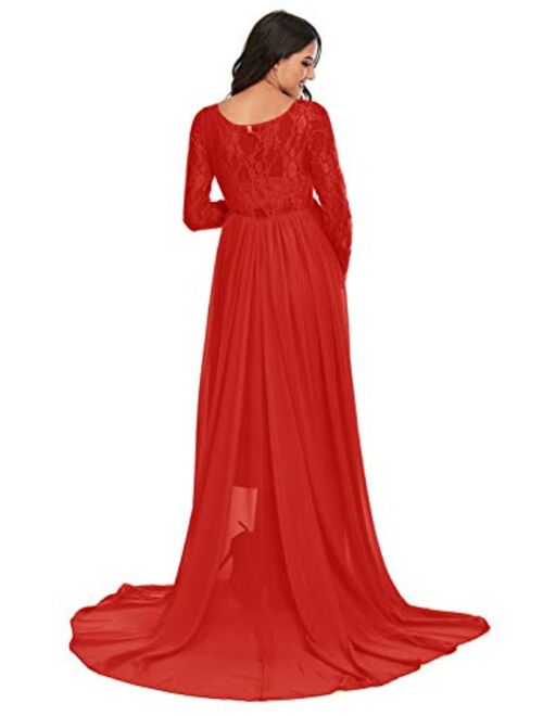 ZIUMUDY Maternity V Neck Chiffon Photography Gown Long Sleeve Lace Stitching Maxi Dress for Baby Shower