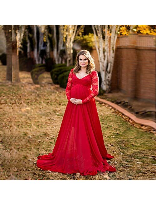 ZIUMUDY Maternity V Neck Chiffon Photography Gown Long Sleeve Lace Stitching Maxi Dress for Baby Shower