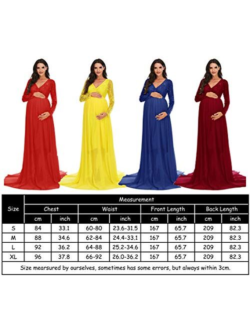 ZIUMUDY Maternity V Neck Chiffon Photography Gown Long Sleeve Lace Stitching Maxi Dress for Baby Shower