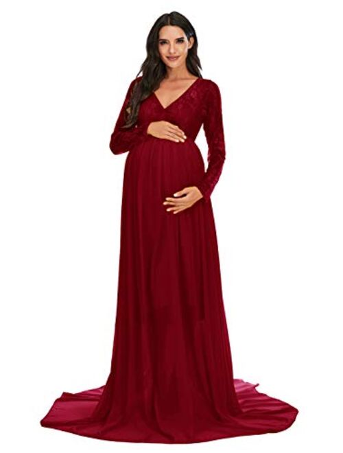 ZIUMUDY Maternity V Neck Chiffon Photography Gown Long Sleeve Lace Stitching Maxi Dress for Baby Shower