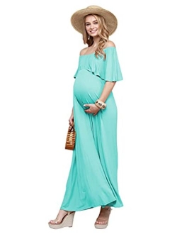 My Bump Women's Ruffle Off The Shoulder Maxi Maternity Dress - Made in USA