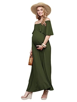 My Bump Women's Ruffle Off The Shoulder Maxi Maternity Dress - Made in USA