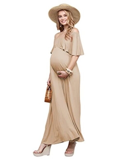 My Bump Women's Ruffle Off The Shoulder Maxi Maternity Dress - Made in USA