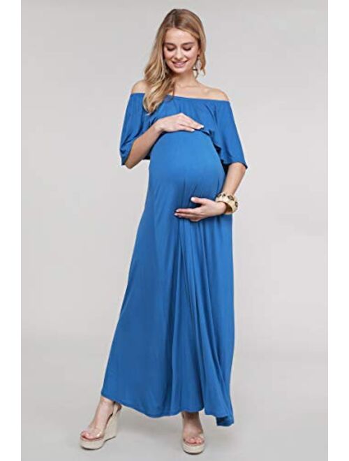 My Bump Women's Ruffle Off The Shoulder Maxi Maternity Dress - Made in USA