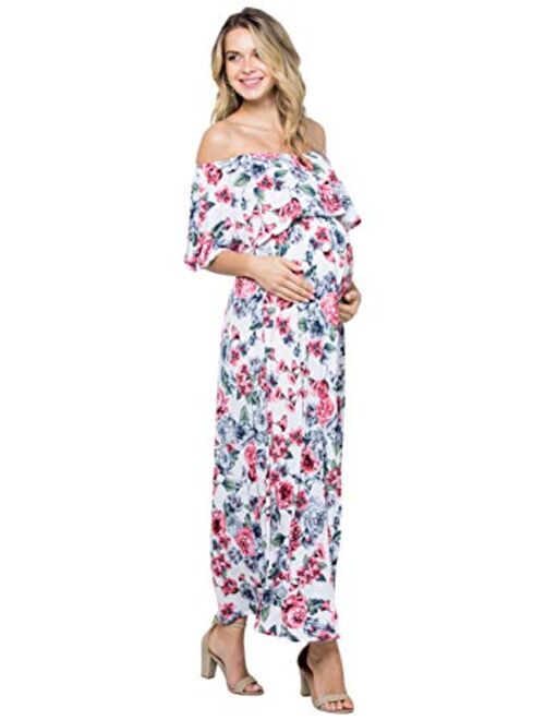 My Bump Women's Ruffle Off The Shoulder Maxi Maternity Dress - Made in USA