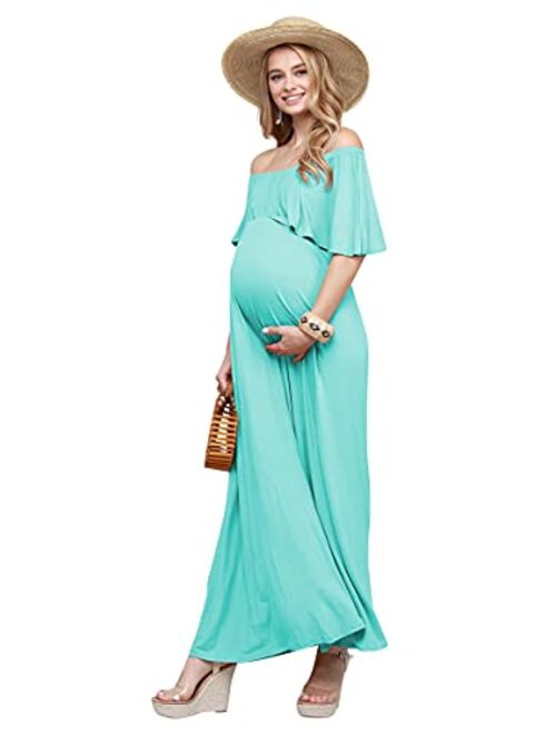 My Bump Women's Ruffle Off The Shoulder Maxi Maternity Dress - Made in USA