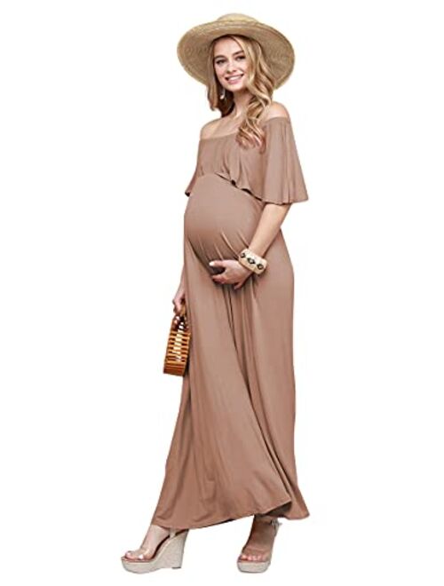 My Bump Women's Ruffle Off The Shoulder Maxi Maternity Dress - Made in USA