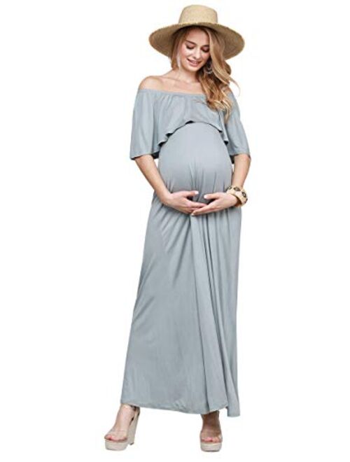 My Bump Women's Ruffle Off The Shoulder Maxi Maternity Dress - Made in USA