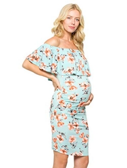 My Bump Women's Ruffle Off-Shoulder Maternity Dress W/Side Sharing(Made in USA)